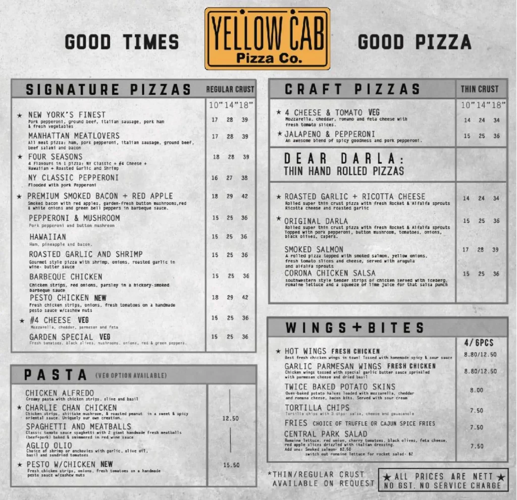 Yellow Cab Pizza Menu Prices